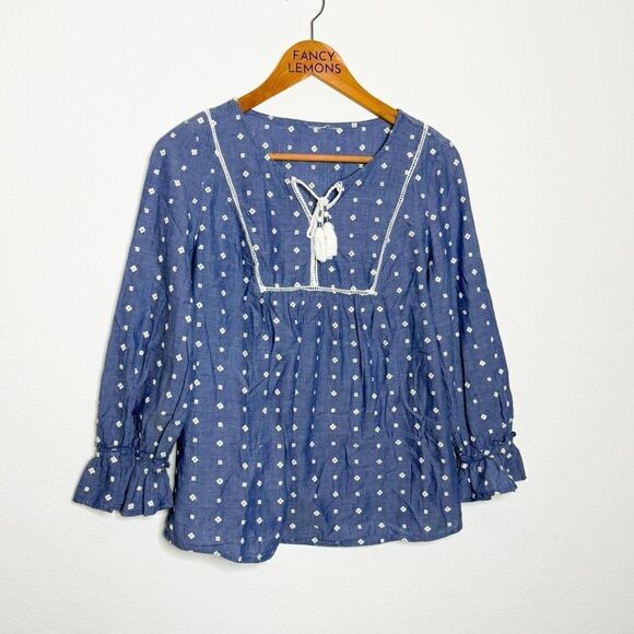 Boho Chambray Embroidered Peasant Blouse Tassel Tie Long Sleeve Medium - Picture 1 of 6